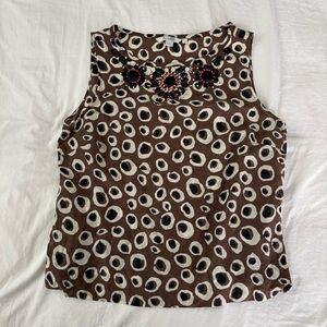 Boden Shirt Sz US 8 Brown Silk Cotton Tank Top Beaded Pullover spotted circles